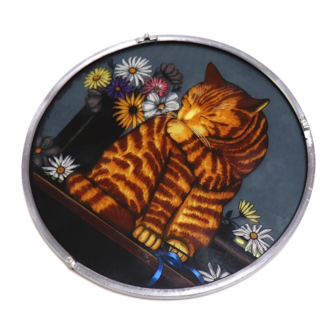 猫とヒナギクの花 ヴィンテージステンドグラス ランドルフ スーザン・パワーズ