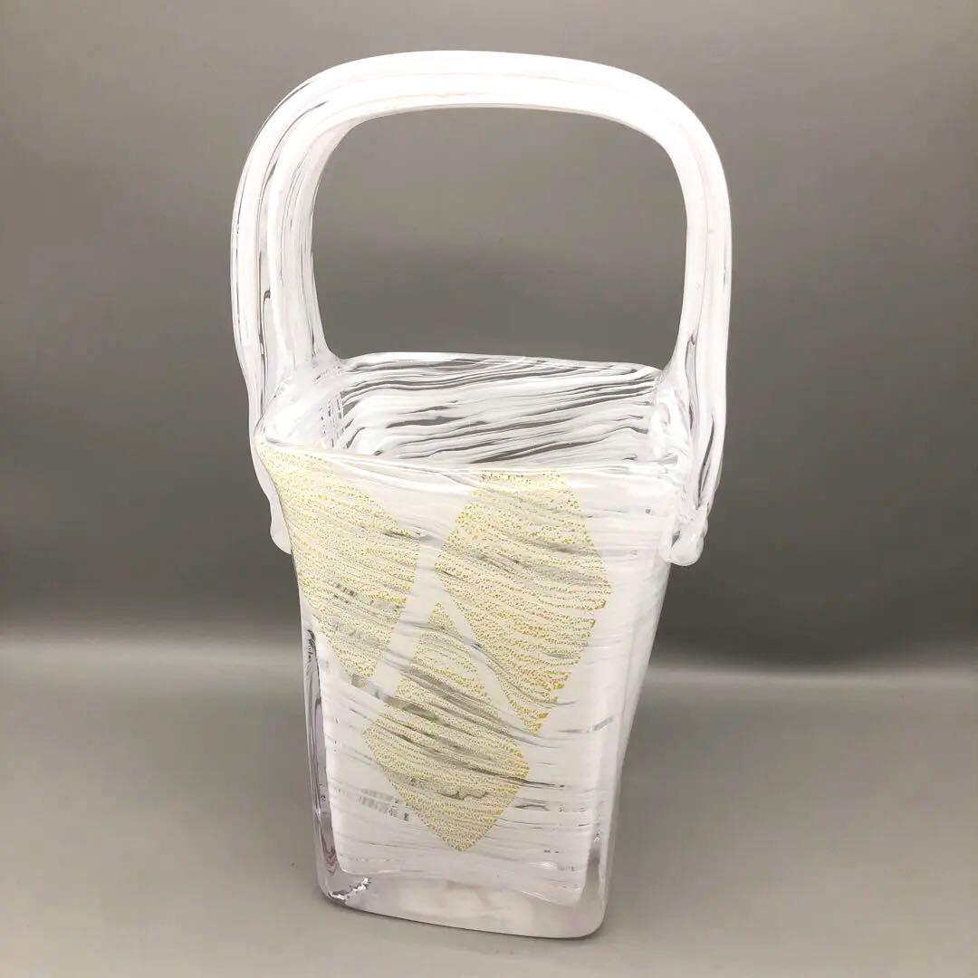 希少岩津ガラスビンテージハンドル付き四角フラワーベース花瓶マーブル金斑点柄