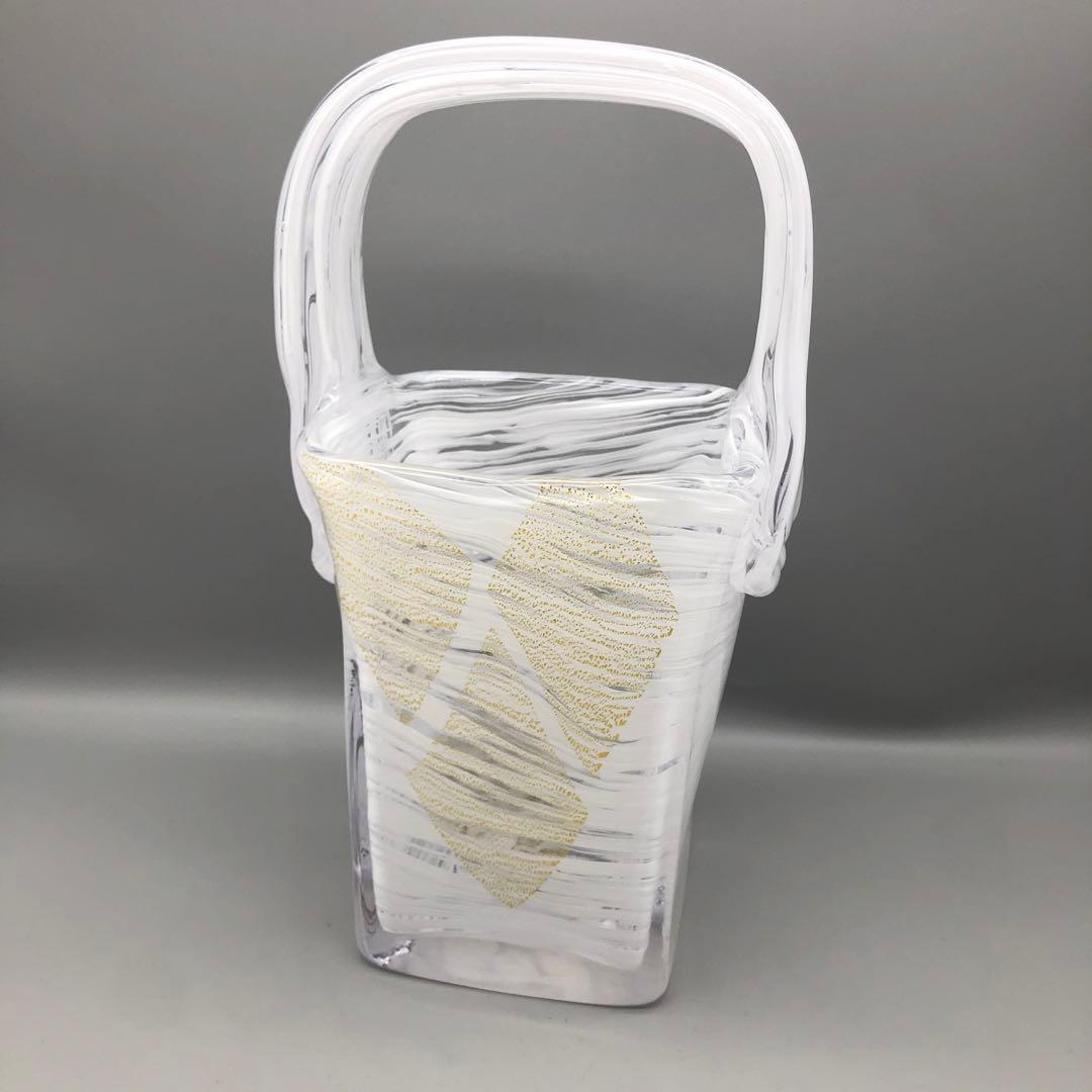 希少岩津ガラスビンテージハンドル付き四角フラワーベース花瓶マーブル金斑点柄