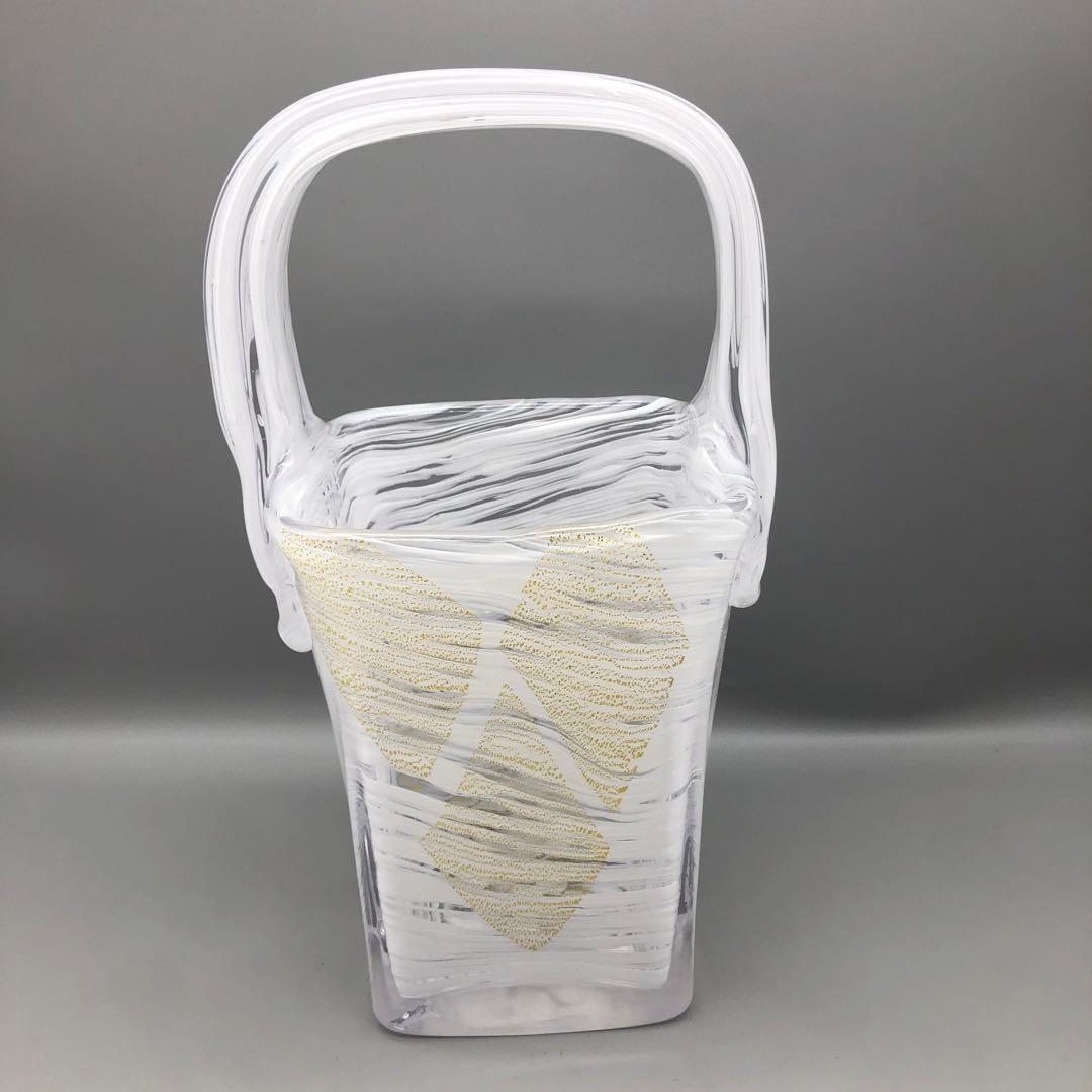 希少岩津ガラスビンテージハンドル付き四角フラワーベース花瓶マーブル金斑点柄