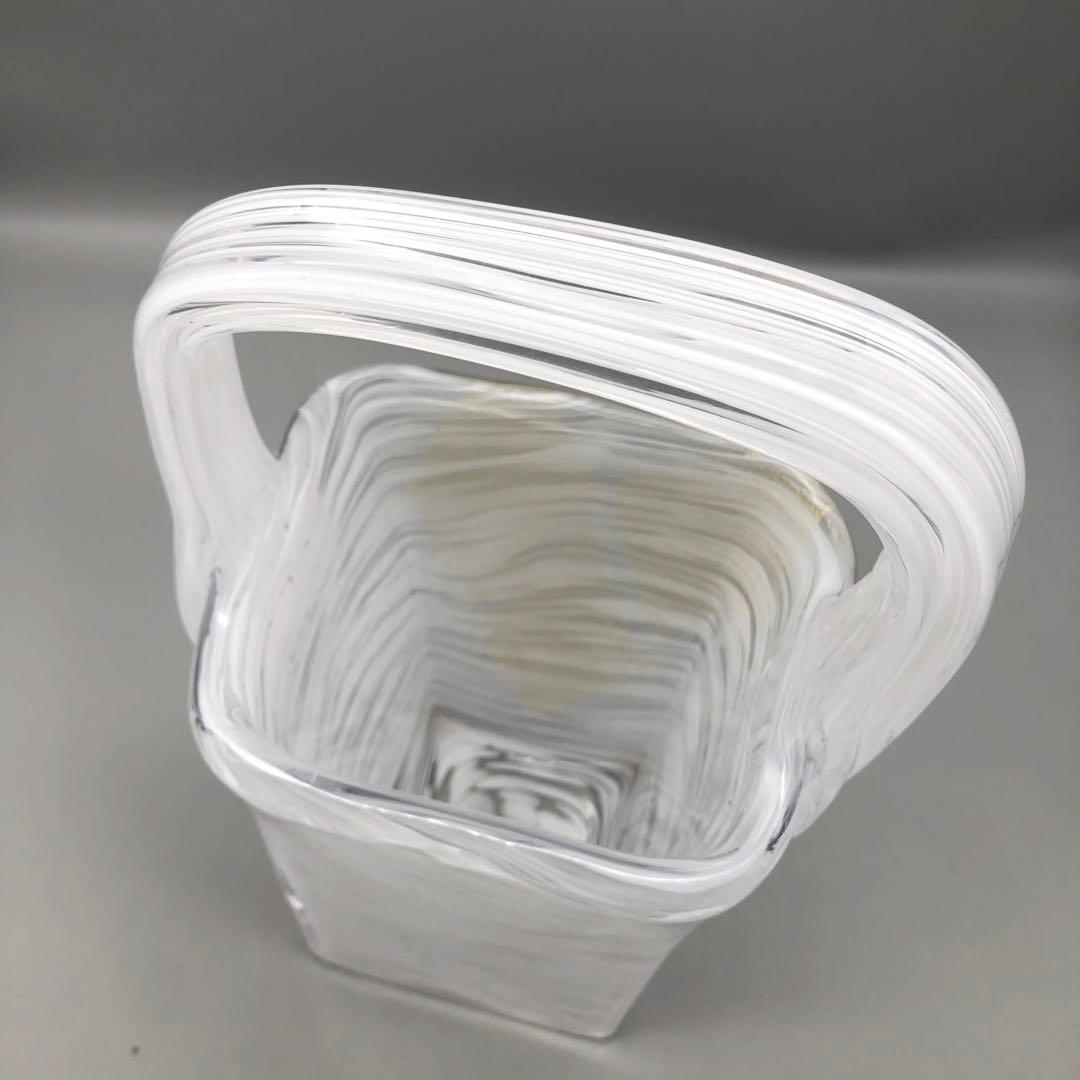 希少岩津ガラスビンテージハンドル付き四角フラワーベース花瓶マーブル金斑点柄