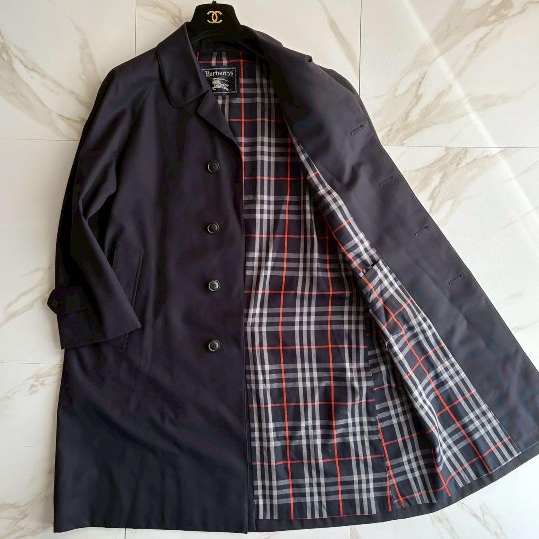 美品◆バーバリー チェック ステンカラー コート 紺色 Lサイズ ロング