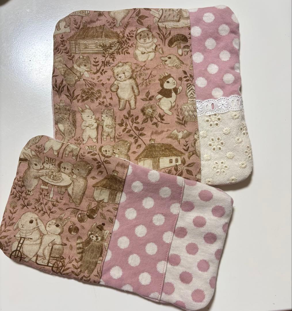 ハンドメイド　ガーゼハンカチセット　ユキエモン　maffon　冬支度ピンク