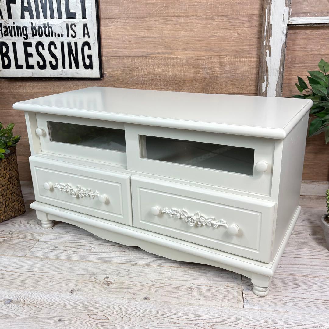 フレンチカントリー北欧調ホワイトガラステレビ台サイドボード飾り棚チェスト収納家具