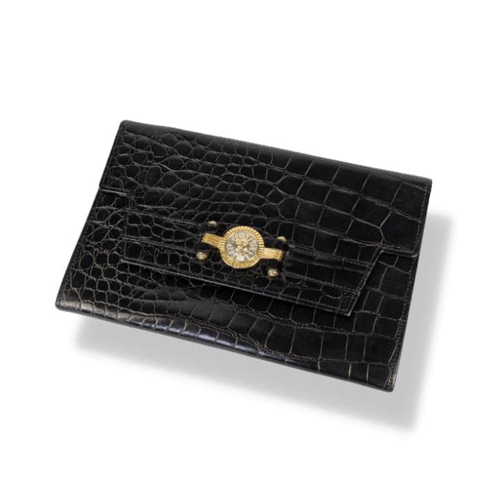 GIANNI VERSACE クロコ型押し 長財布 メデューサ ブラック レザー