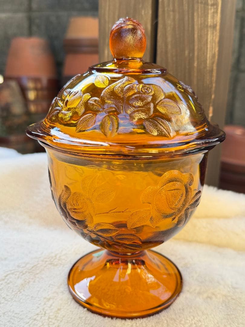 昭和レトロ　ガラスキャニスター　キャンディポット　アンバー　ローズ柄　希少