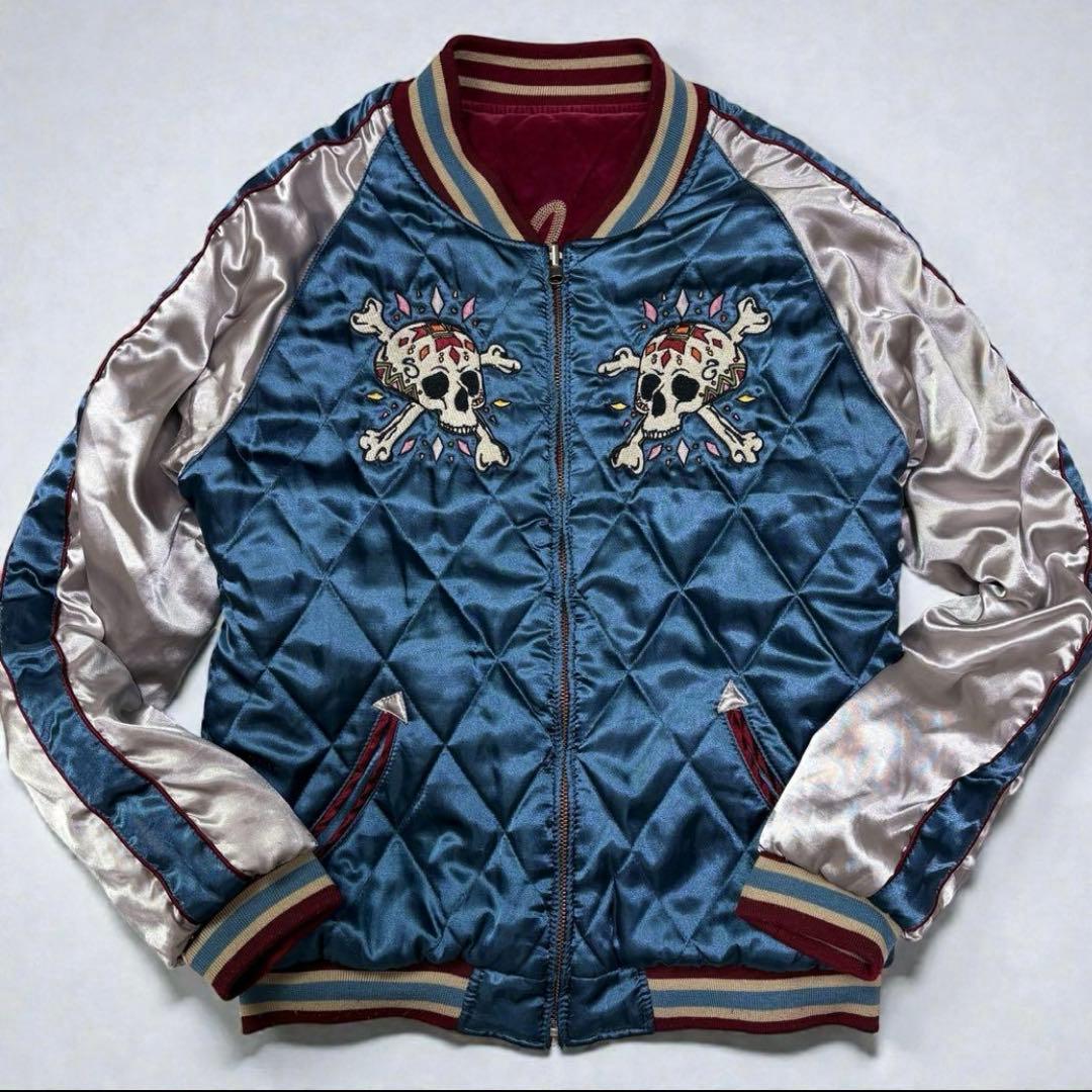 ヴィンテージ　スカジャン　髑髏　スカル　刺繍　リバーシブル　キルティング　M〜L