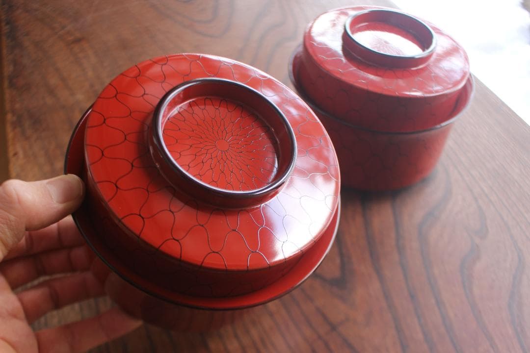 デッドストック！上質朱漆に風情ある網目文の映える筒形大椀2点（検京塗煮物椀