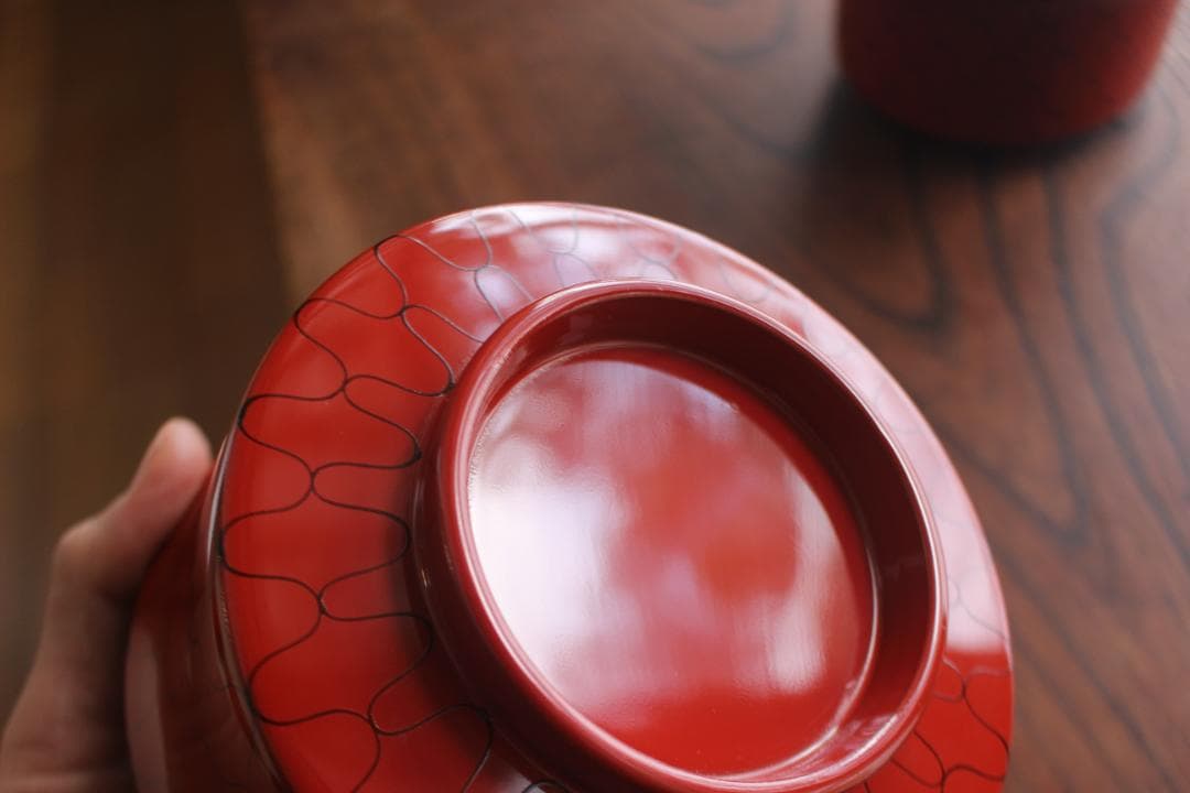 デッドストック！上質朱漆に風情ある網目文の映える筒形大椀2点（検京塗煮物椀