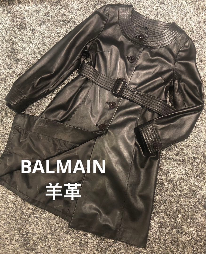 【極美品】バルマン　ベルテッド　レザーコート　羊革　ラムレザー　ブラック　L相当