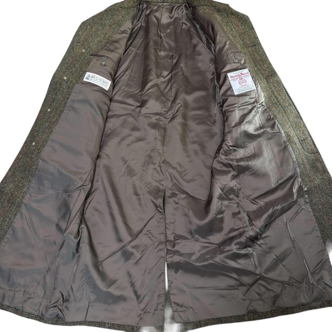 美品☆ハリスツイード　ステンカラーコート　ストライプ　ヘリンボーン　カーキー