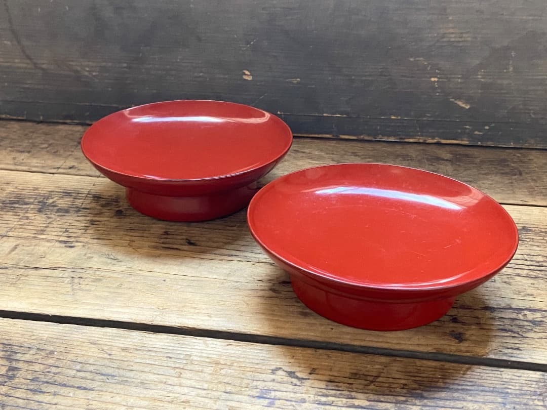 能登蔵出し 輪島塗 朱漆 椿皿 2客セット/ 時代 朱塗 漆器皿 銘々皿 小皿