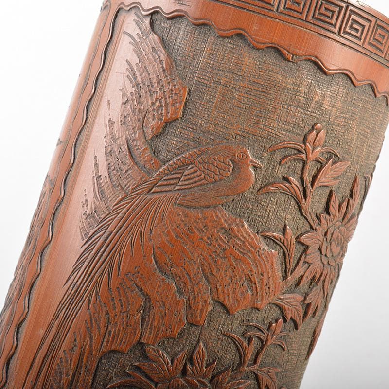 eee 中国　古竹彫刻　神獣桜閣山水文　筆筒　V　R7505