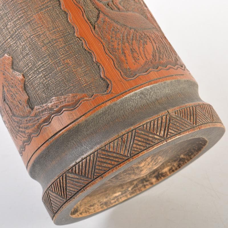 eee 中国　古竹彫刻　神獣桜閣山水文　筆筒　V　R7505