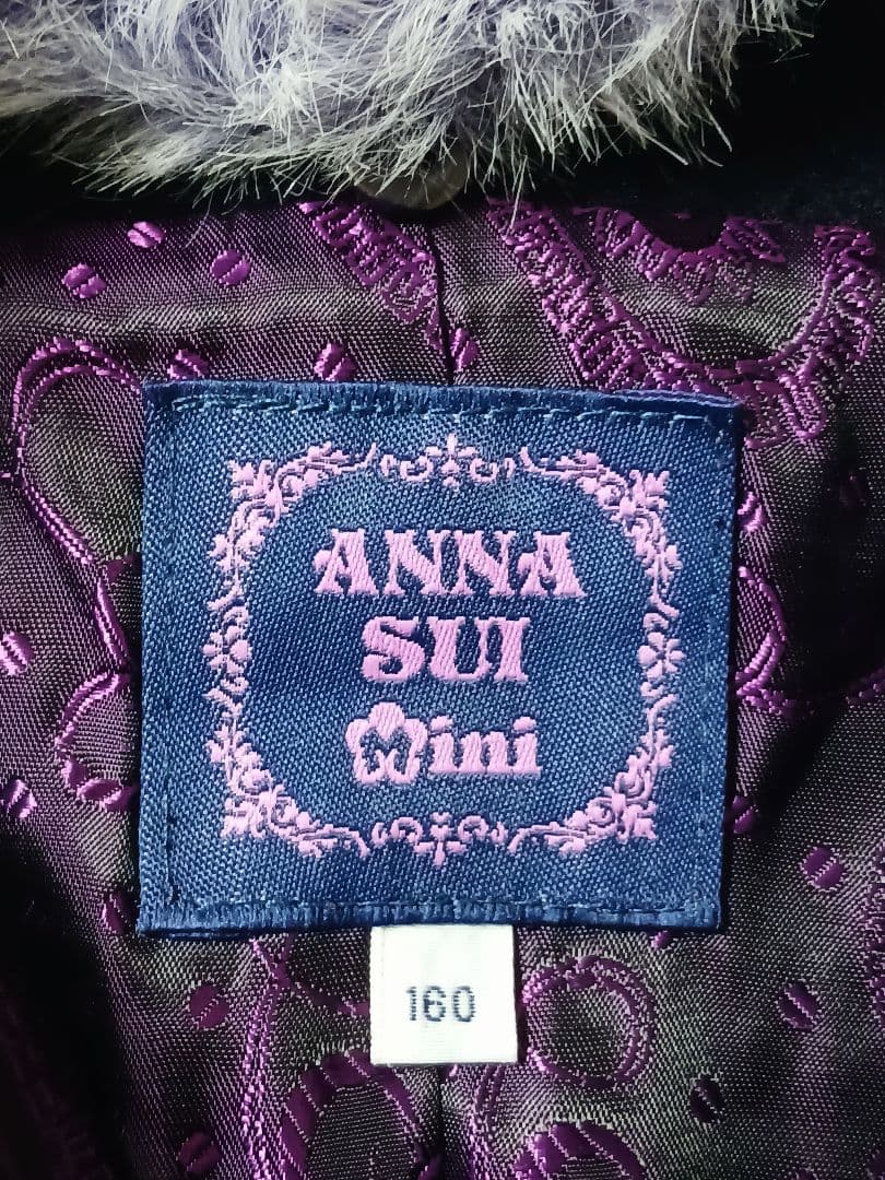 ANNASUI MINI◆ロングコート◆160 ファー ビジュー 花柄 ネイビー