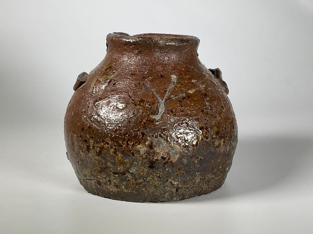 古越前　お歯黒壺　越前焼　双耳　おはぐろ壺　蹲壺　鉄漿　箱付き