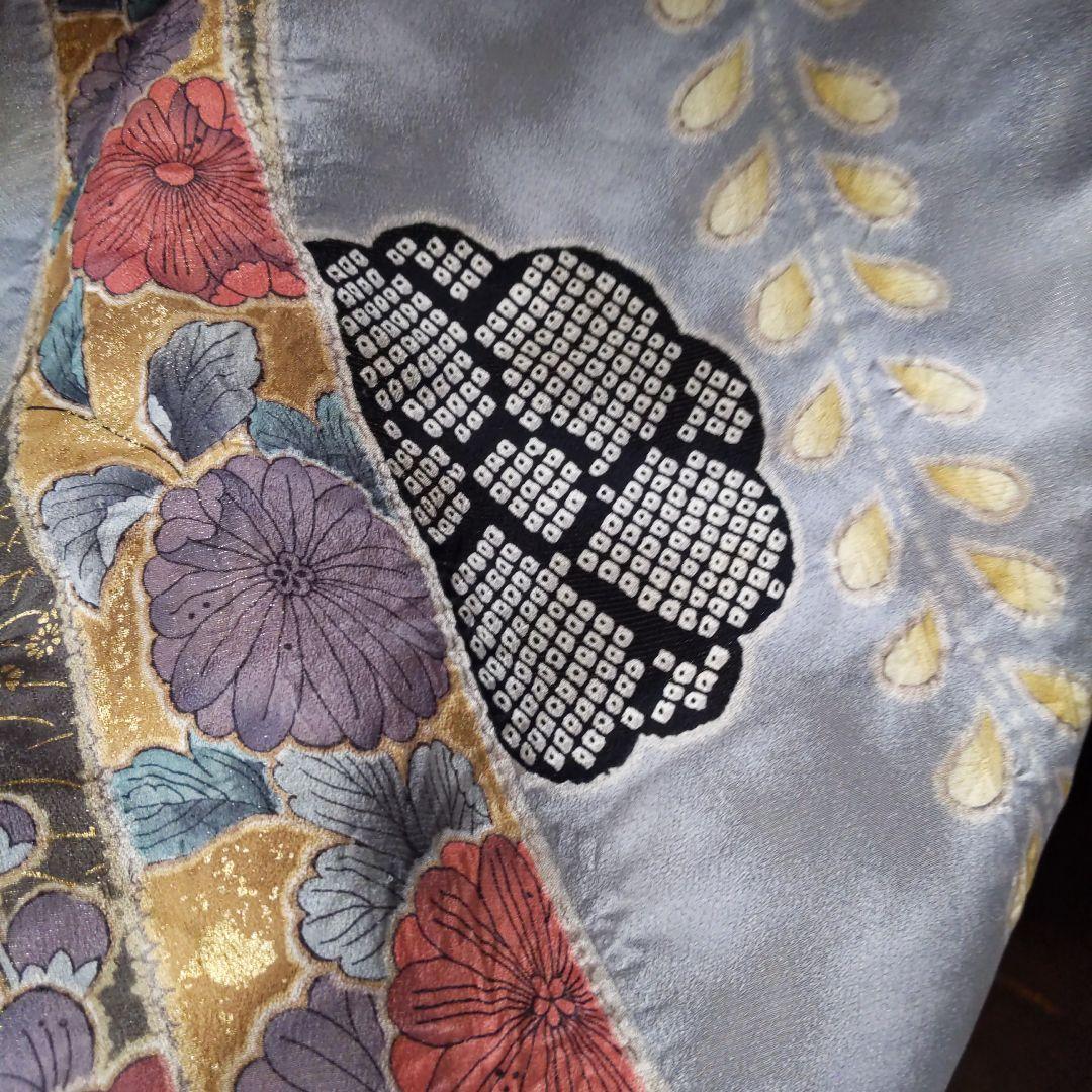 441やまと　金通し　絞り　クリーム灰正絹振袖6点フルセット成人式卒業式謝恩会