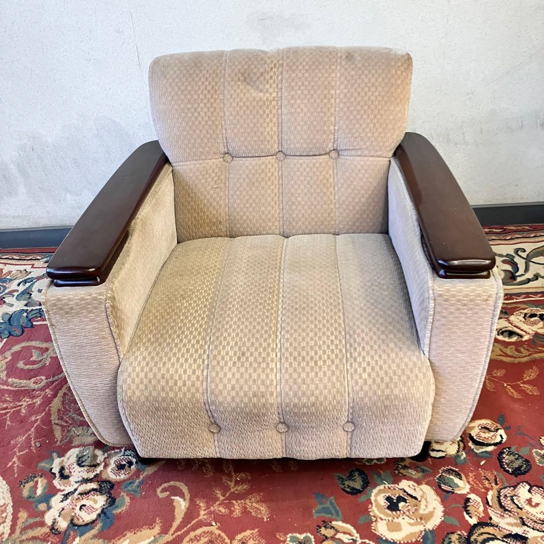 ① 昭和レトロ 馬場家具 木製フレーム アームチェア 1人掛けベロアソファー