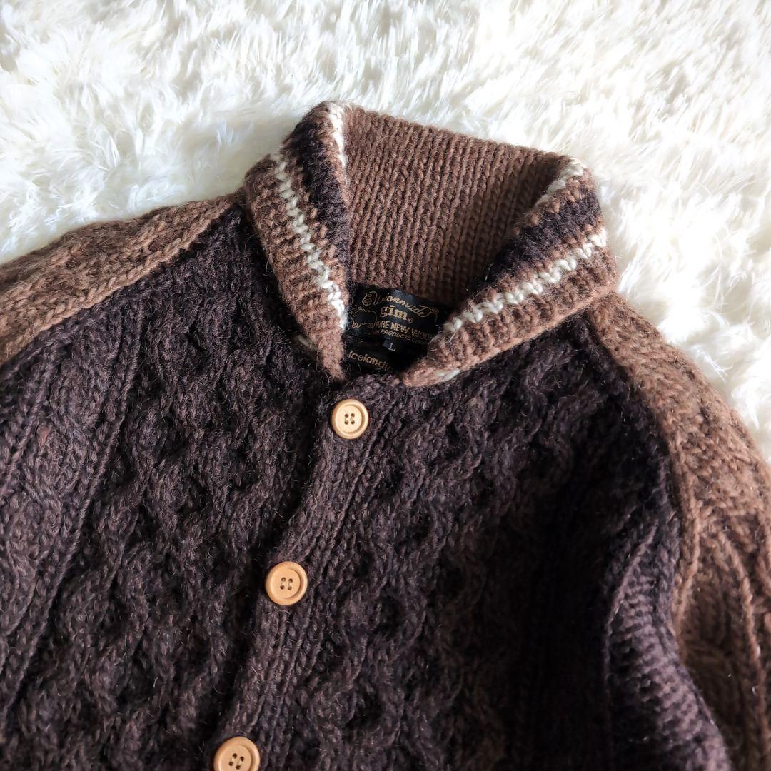 美品 gim アイスランドウール ケーブルニット カーディガン L ブラウン 茶