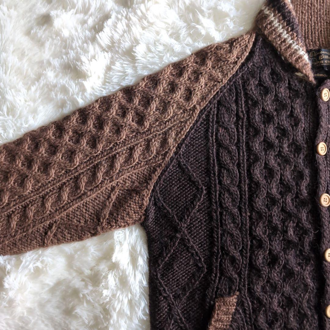 美品 gim アイスランドウール ケーブルニット カーディガン L ブラウン 茶