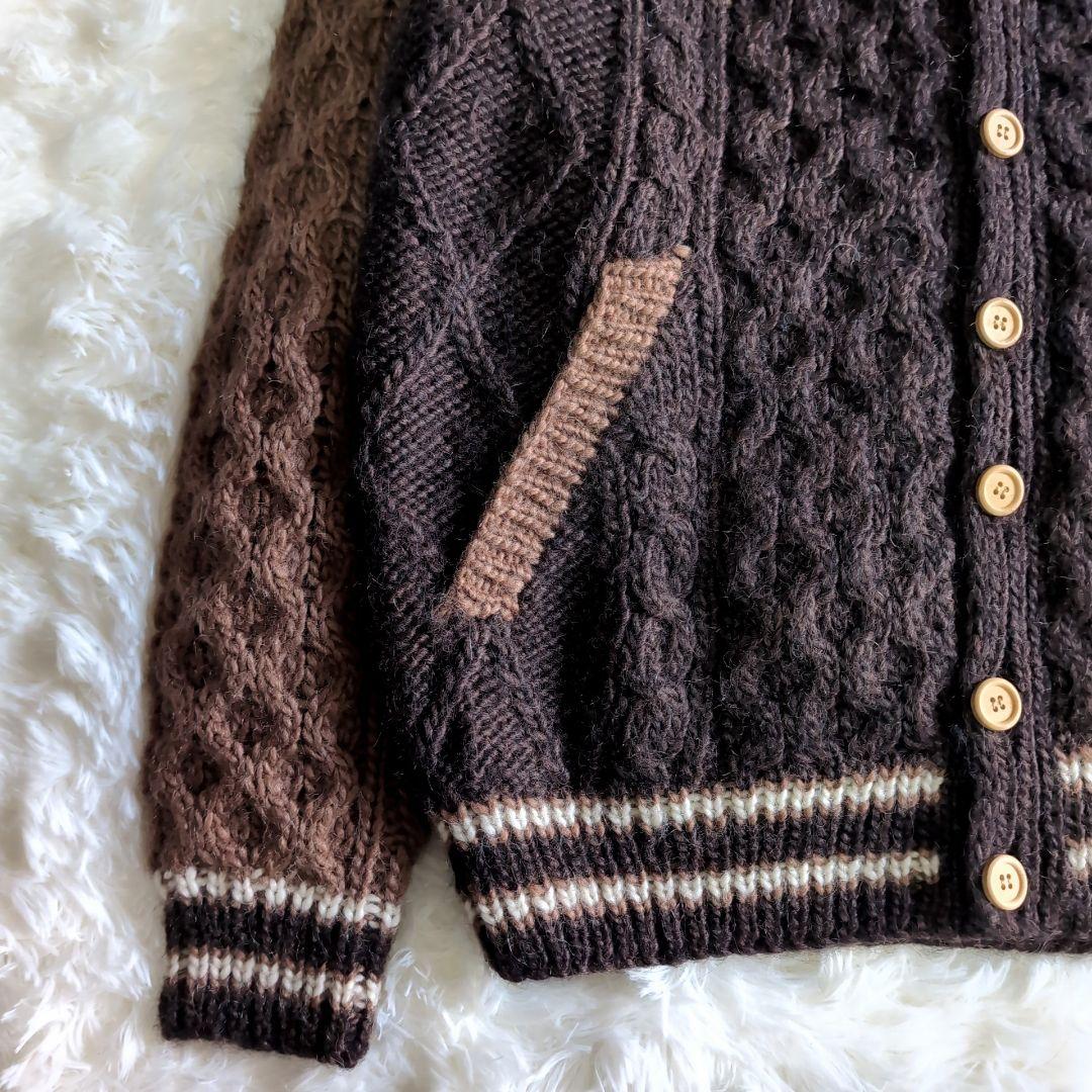 美品 gim アイスランドウール ケーブルニット カーディガン L ブラウン 茶