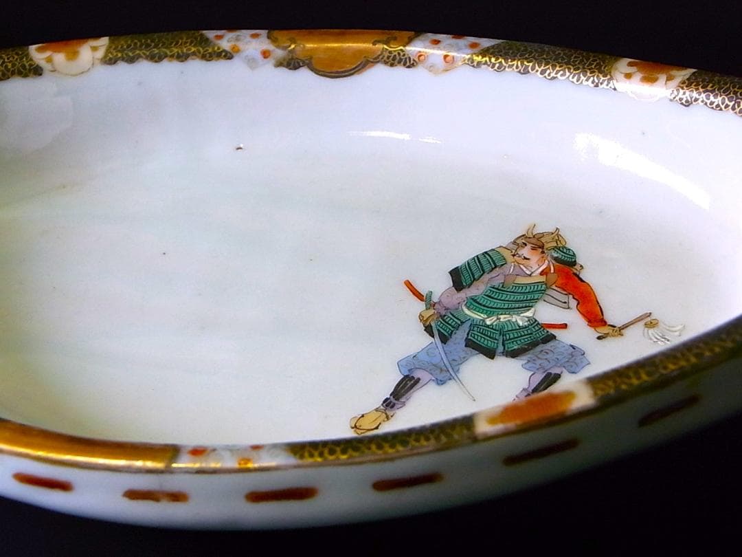 【 E399 】 超名品　明治期瀬戸焼上手作品　川本桝吉作品　超細密武士文舟形皿