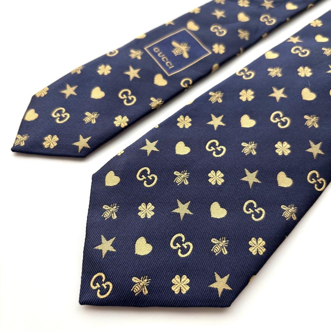 ꧁美品꧂ グッチ ネクタイ GG柄 蜂 ハート ネイビー イエロー ナロータイ