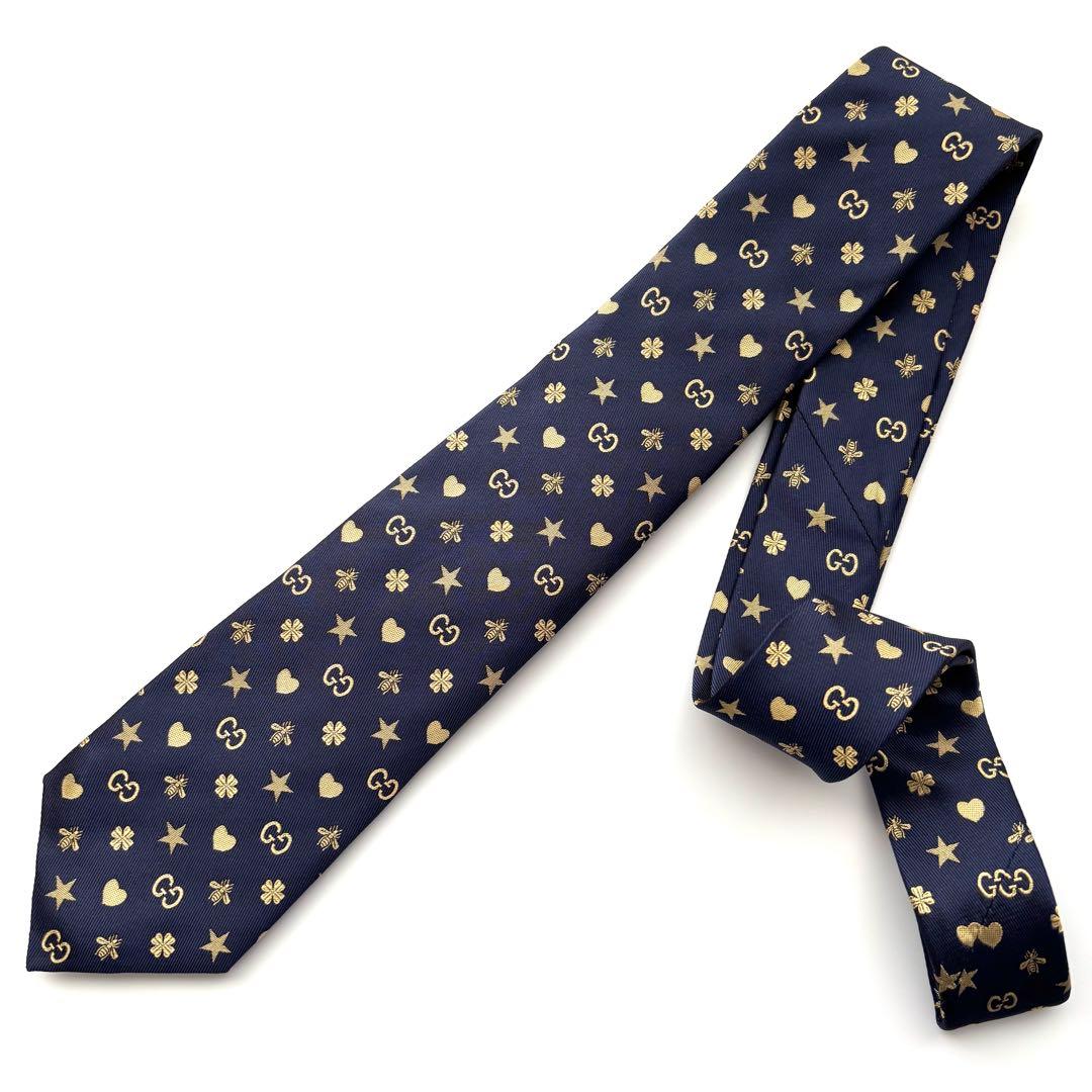 ꧁美品꧂ グッチ ネクタイ GG柄 蜂 ハート ネイビー イエロー ナロータイ
