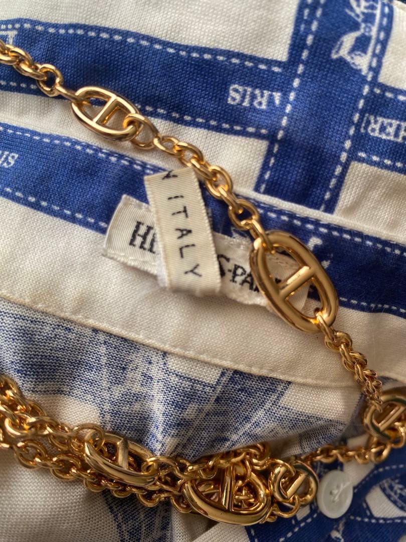 HERMÈS エルメス人気のリボン柄ボルデュックシャツ ブルーホワイト/ブルー