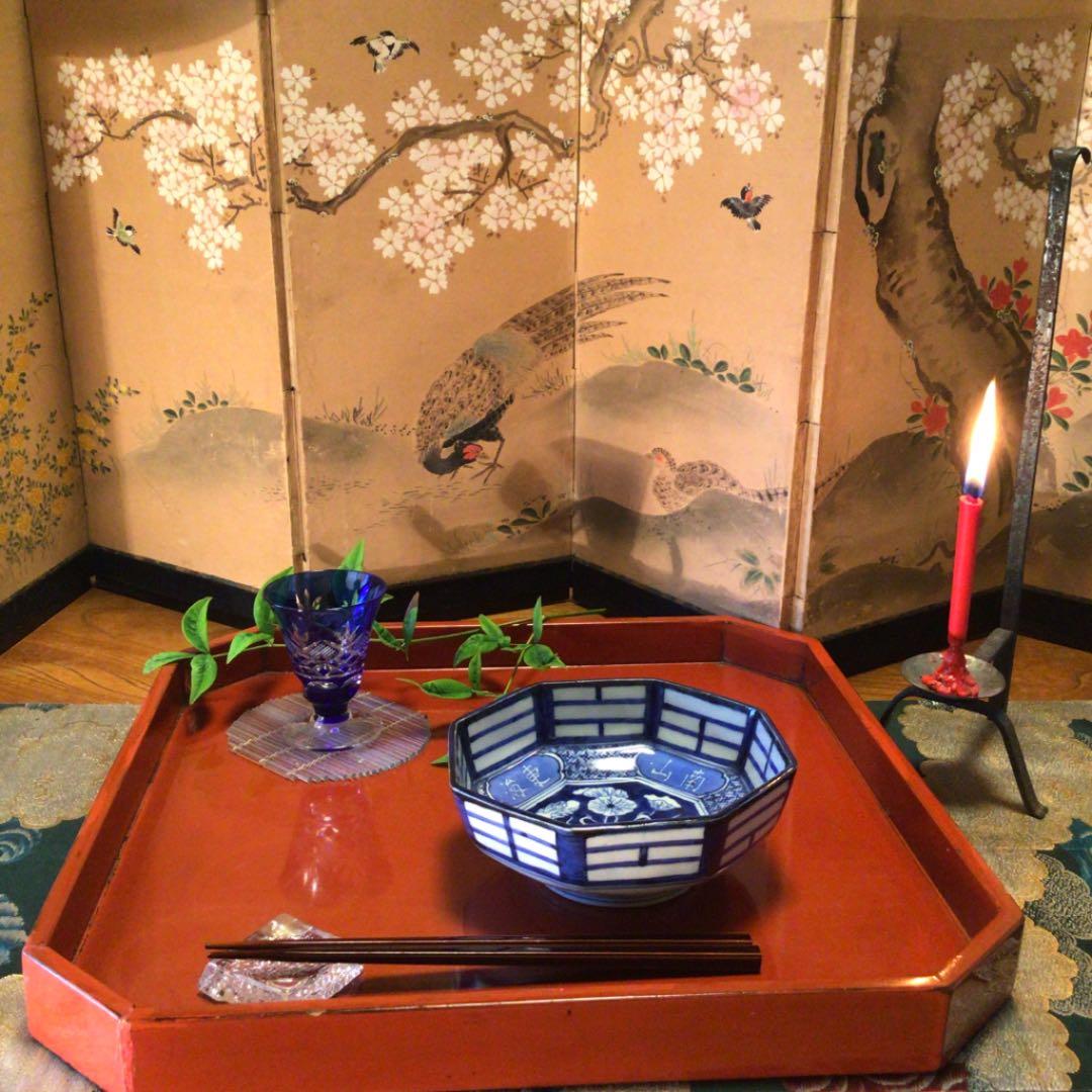 A363 古伊万里　染付　見込白抜白鷺に蓮　八角算木紋様　鉢　5客