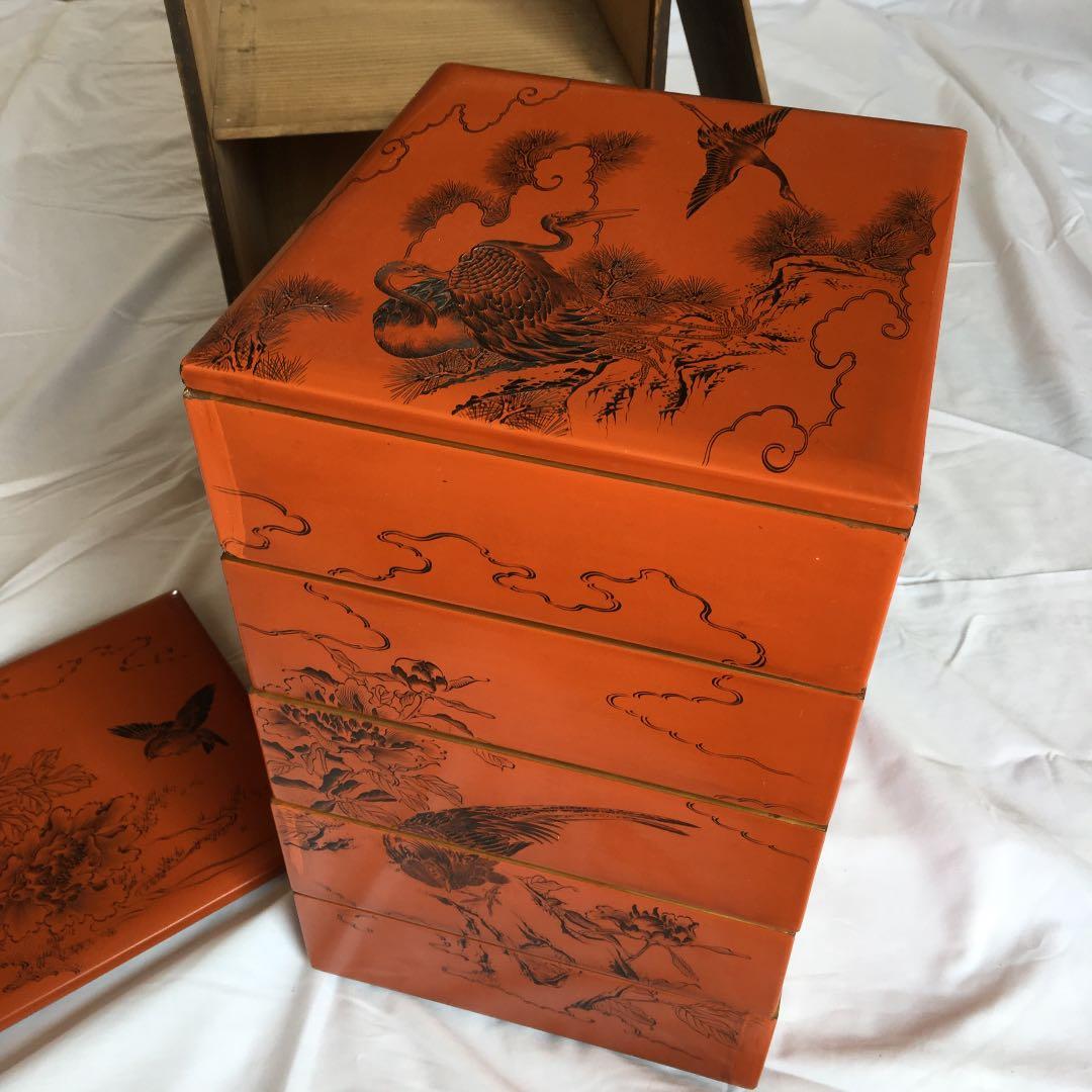 0160　重箱 五重 能州輪島浅朱黒城内梨地花鳥繪