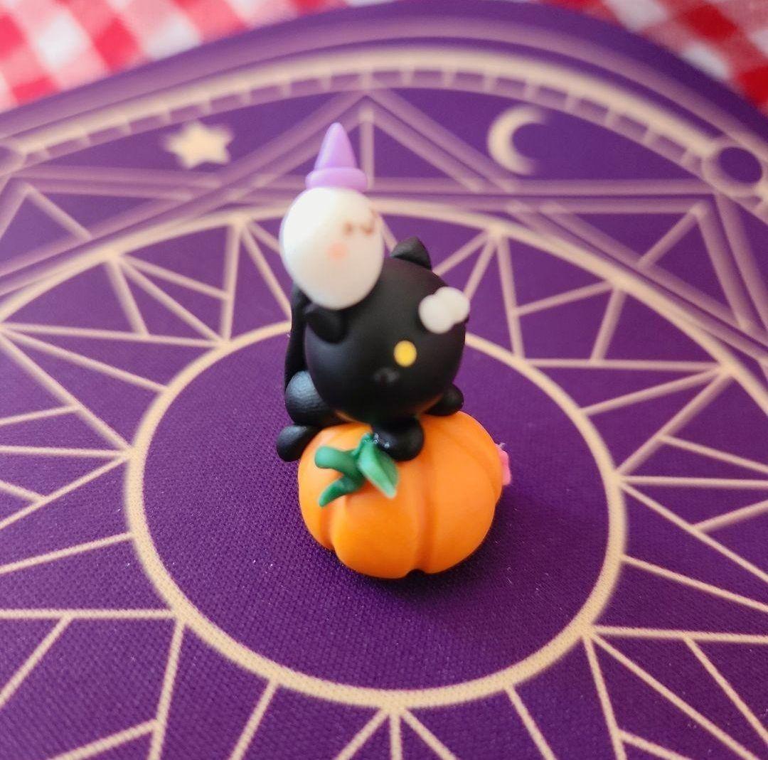 ハロウィン☆カボチャにちょこん黒猫&ちびオバケ