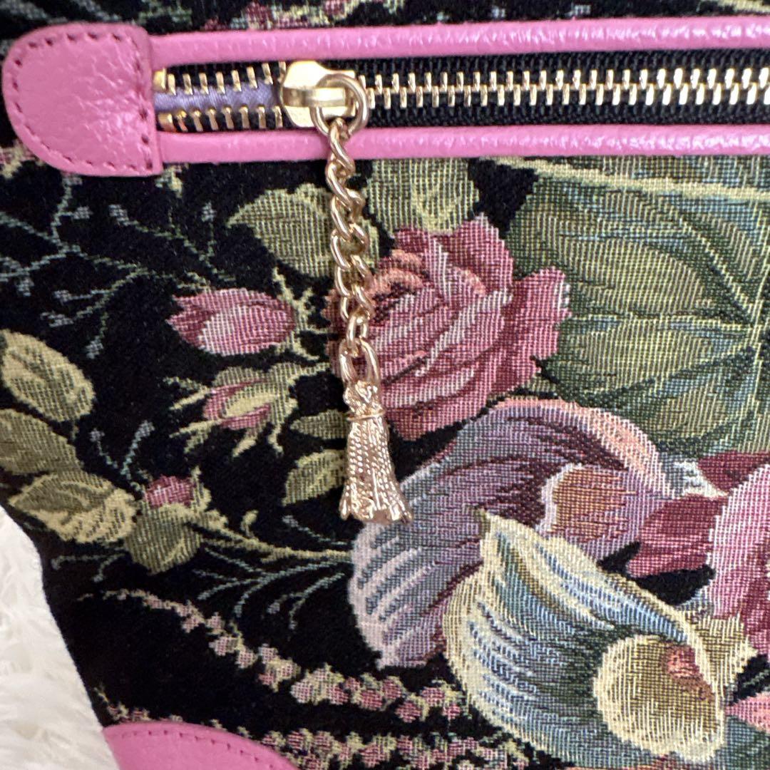 【美品】シンクビー トートバッグ ゴブラン織り 刺繍 スパンコール 花柄 レザー