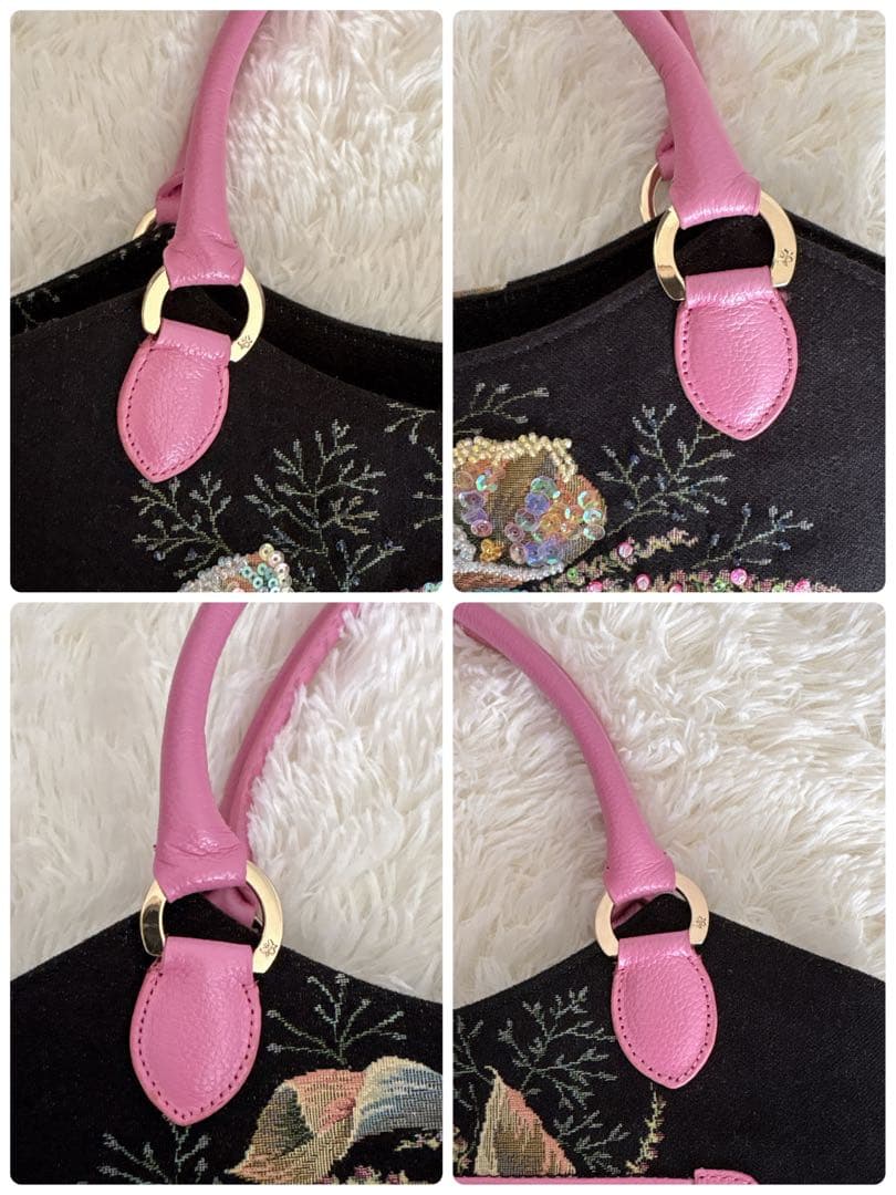 【美品】シンクビー トートバッグ ゴブラン織り 刺繍 スパンコール 花柄 レザー