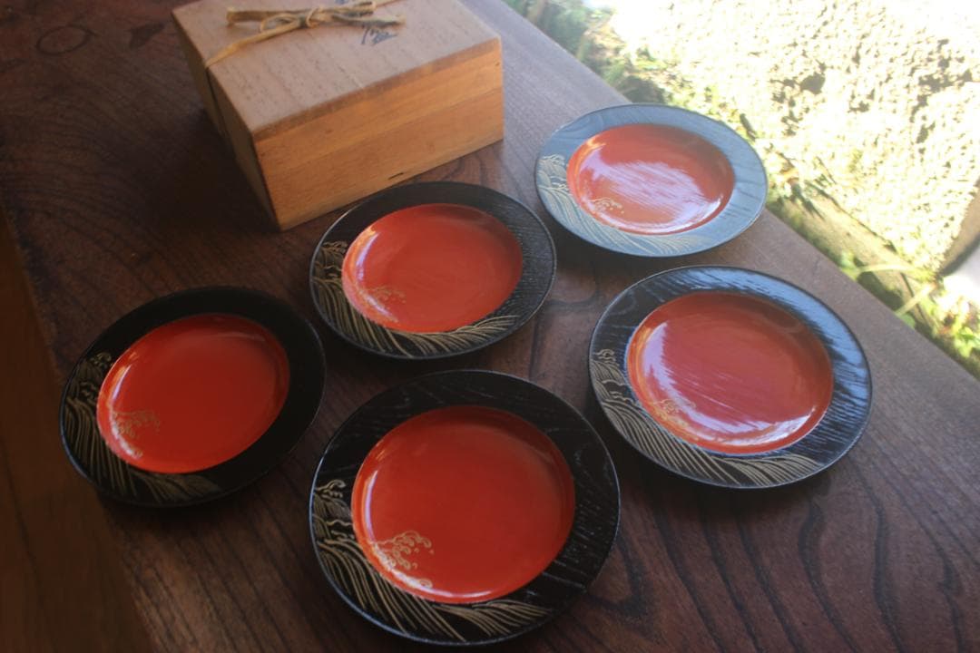 デッドストック！日の出塗に優美な波濤蒔絵の映える銘々皿5点（検京塗菓子皿