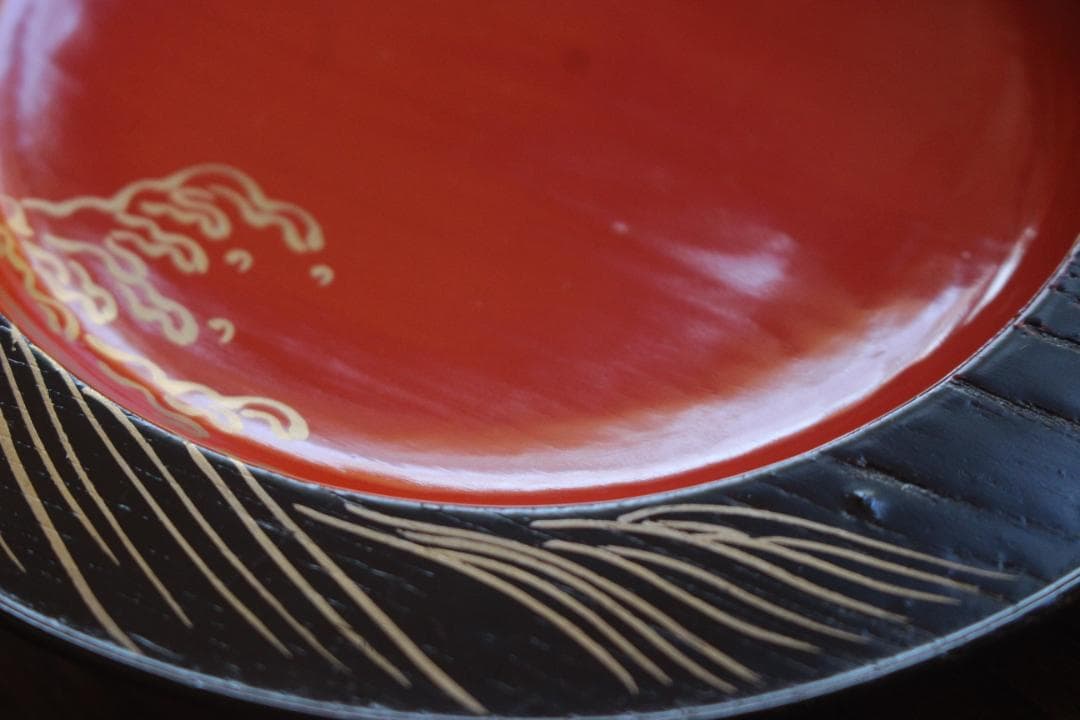 デッドストック！日の出塗に優美な波濤蒔絵の映える銘々皿5点（検京塗菓子皿