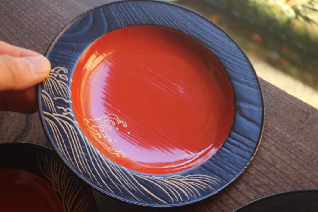 デッドストック！日の出塗に優美な波濤蒔絵の映える銘々皿5点（検京塗菓子皿