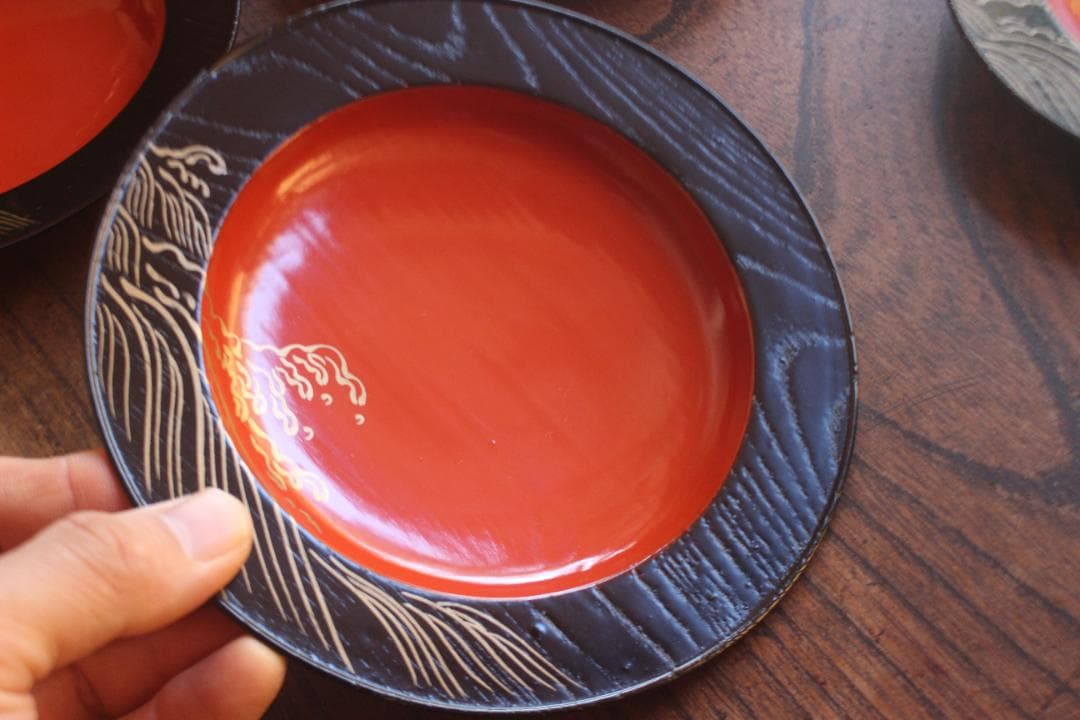 デッドストック！日の出塗に優美な波濤蒔絵の映える銘々皿5点（検京塗菓子皿