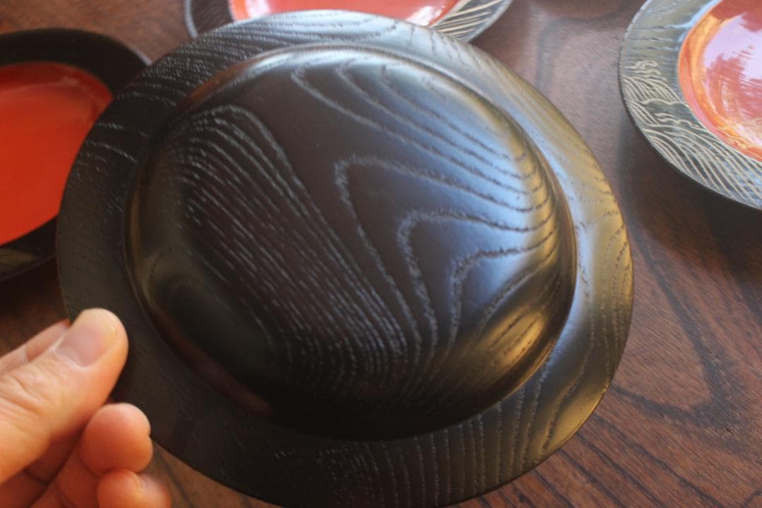 デッドストック！日の出塗に優美な波濤蒔絵の映える銘々皿5点（検京塗菓子皿