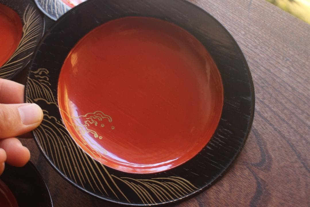 デッドストック！日の出塗に優美な波濤蒔絵の映える銘々皿5点（検京塗菓子皿