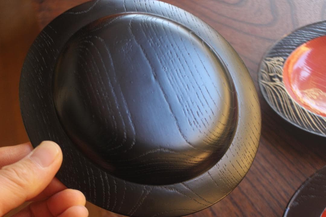 デッドストック！日の出塗に優美な波濤蒔絵の映える銘々皿5点（検京塗菓子皿