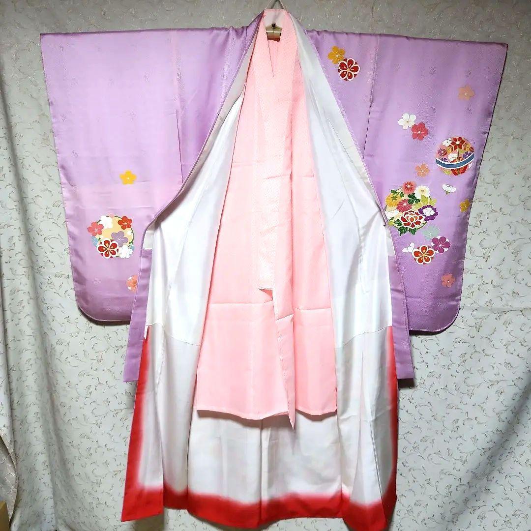 (PON)#6-053 七五三 7歳 正絹 四つ身 襦袢付き ヤケあり