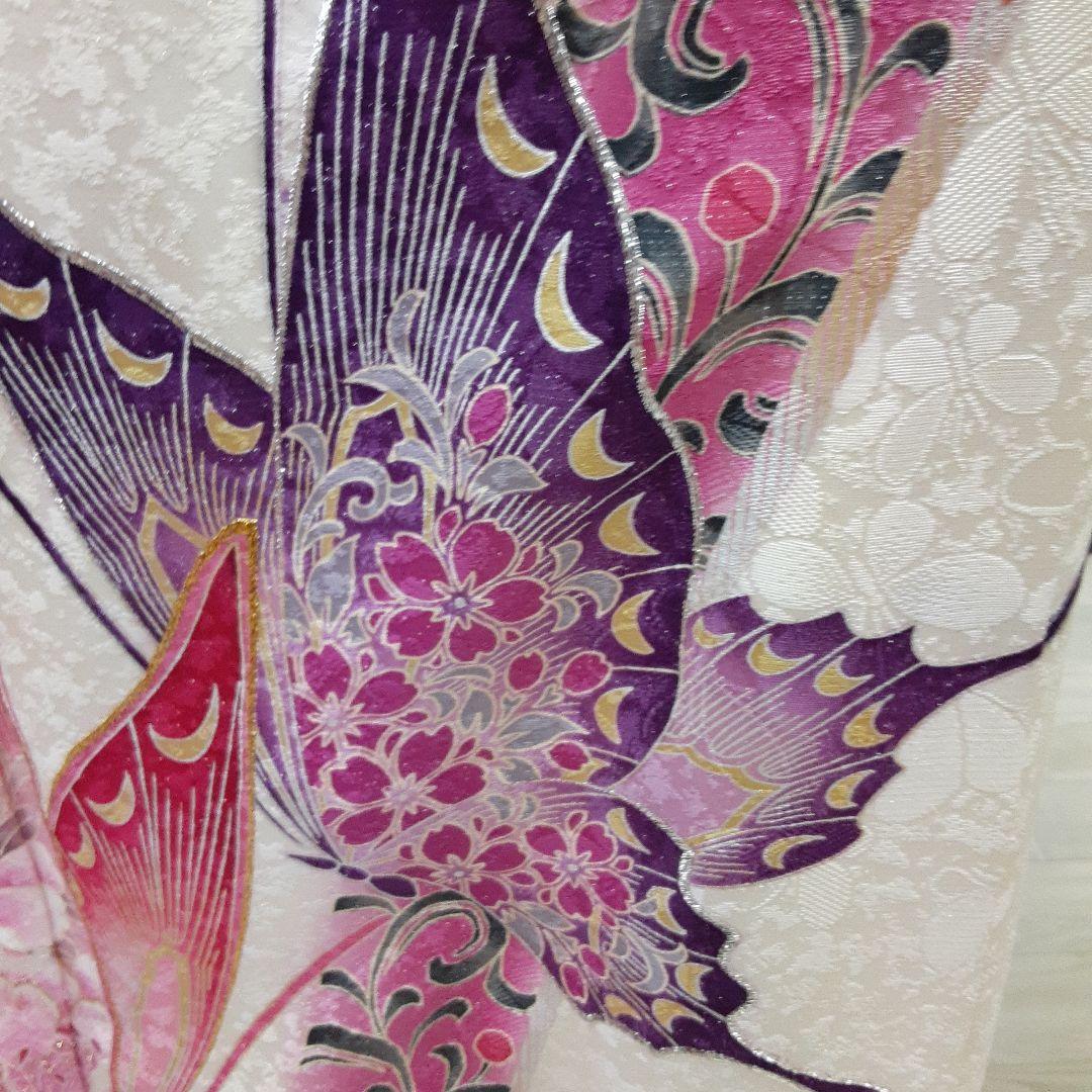 820正絹振袖 白 蝶模様160cm~