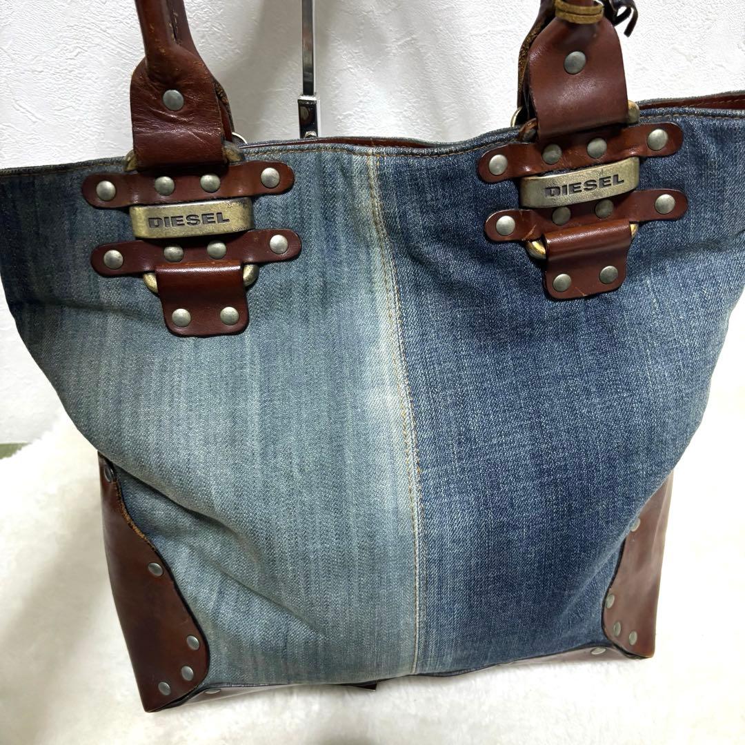 【極希少】ディーゼル トートバッグ デニム レザー A4 肩掛け スタッズ