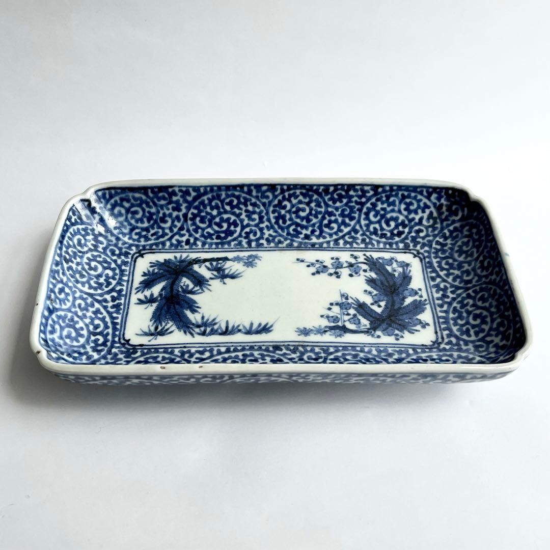 江戸中期　古伊万里　奇玉宝鼎之珍　染付　松竹梅　蛸唐草文　長皿