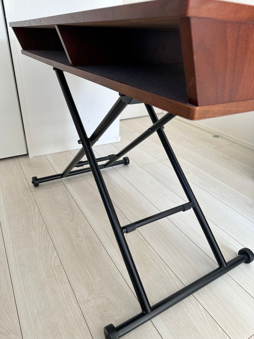 リフティング テーブル シェルフ 昇降式　無段階　ウォールナット　収納棚付き