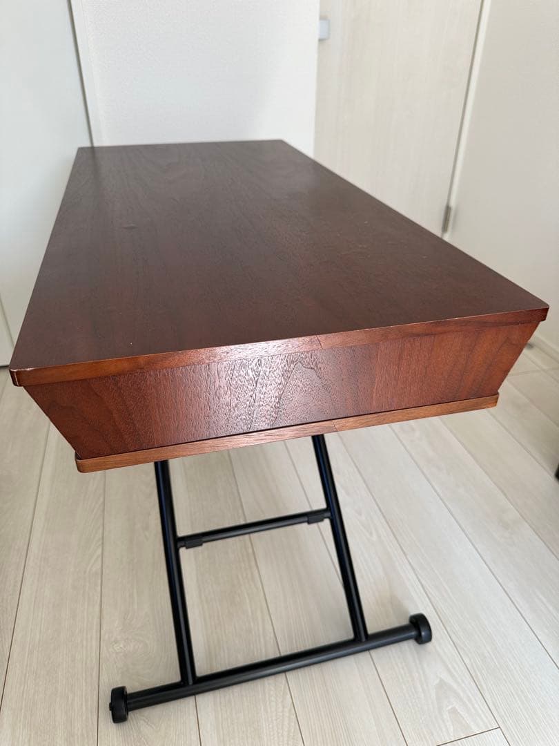 リフティング テーブル シェルフ 昇降式　無段階　ウォールナット　収納棚付き