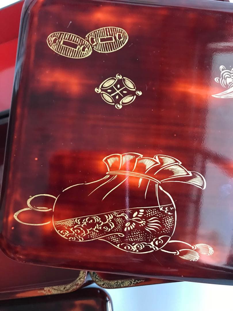 当時物 漆塗り 沈金 金蒔絵 天然木 4段重箱