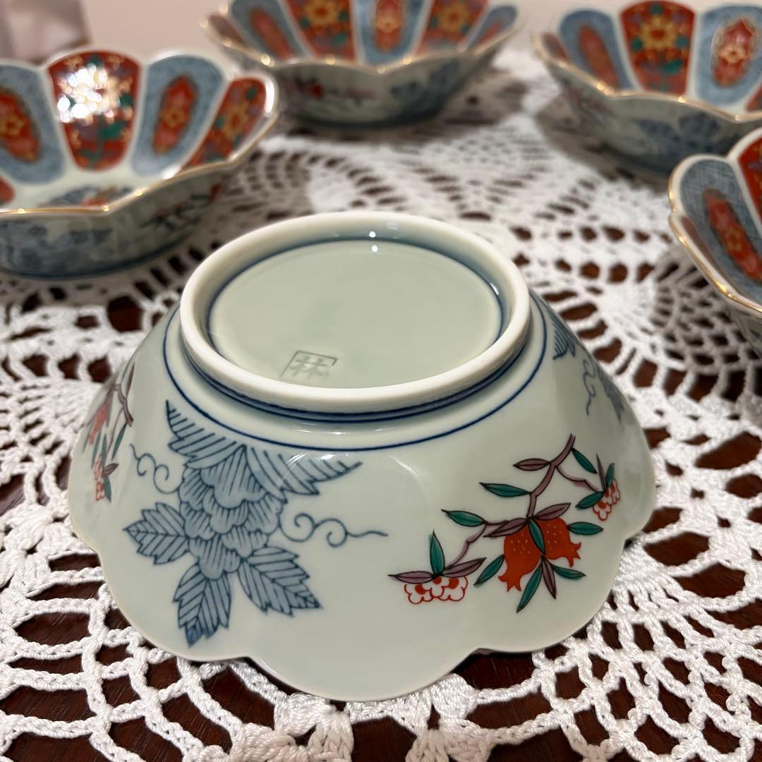 未使用★波佐見焼　林九郎窯　十方割花地紋小鉢揃　古伊万里　ペタルバイカラー　金彩