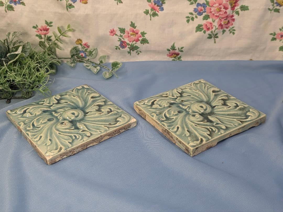 イギリス アンティーク タイル ブルー ４枚セット